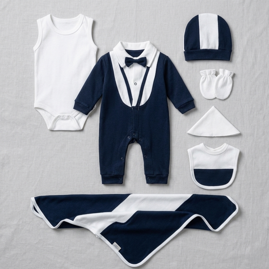 Navy Newborn Outfit 7 Pcs Set – Romper, Hat & Blanket