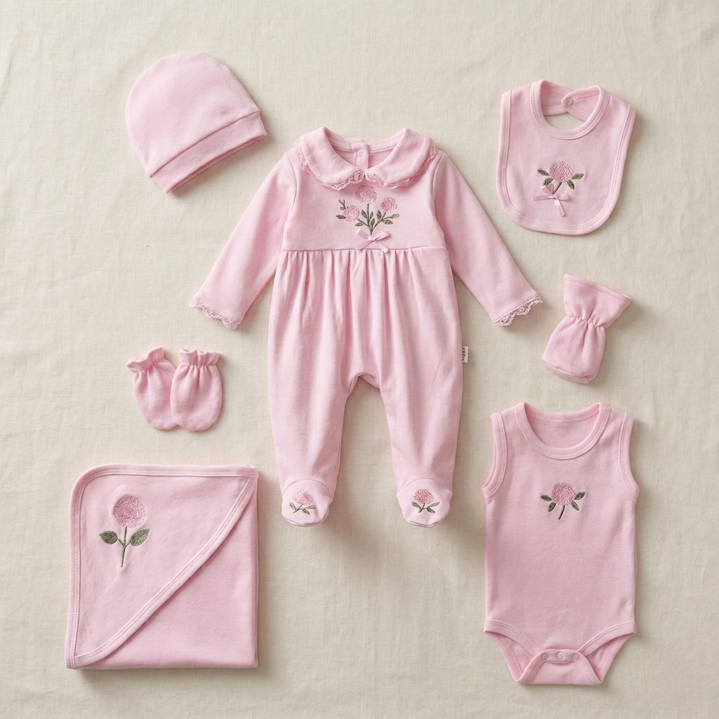 “Blush Blessings” Baby 7PCS Set – Embroidered Ensemble in Pink