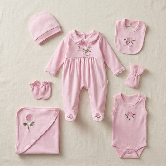 “Blush Blessings” Baby 7PCS Set – Embroidered Ensemble in Pink