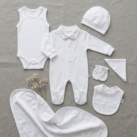 “Pure Blessings” Baby 7PCS Set – White Ensemble with Bow Detail