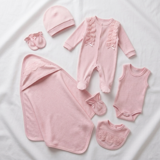 “Rosette Blessings” Baby 7PCS Set – Lace & Bow Ensemble in Pink