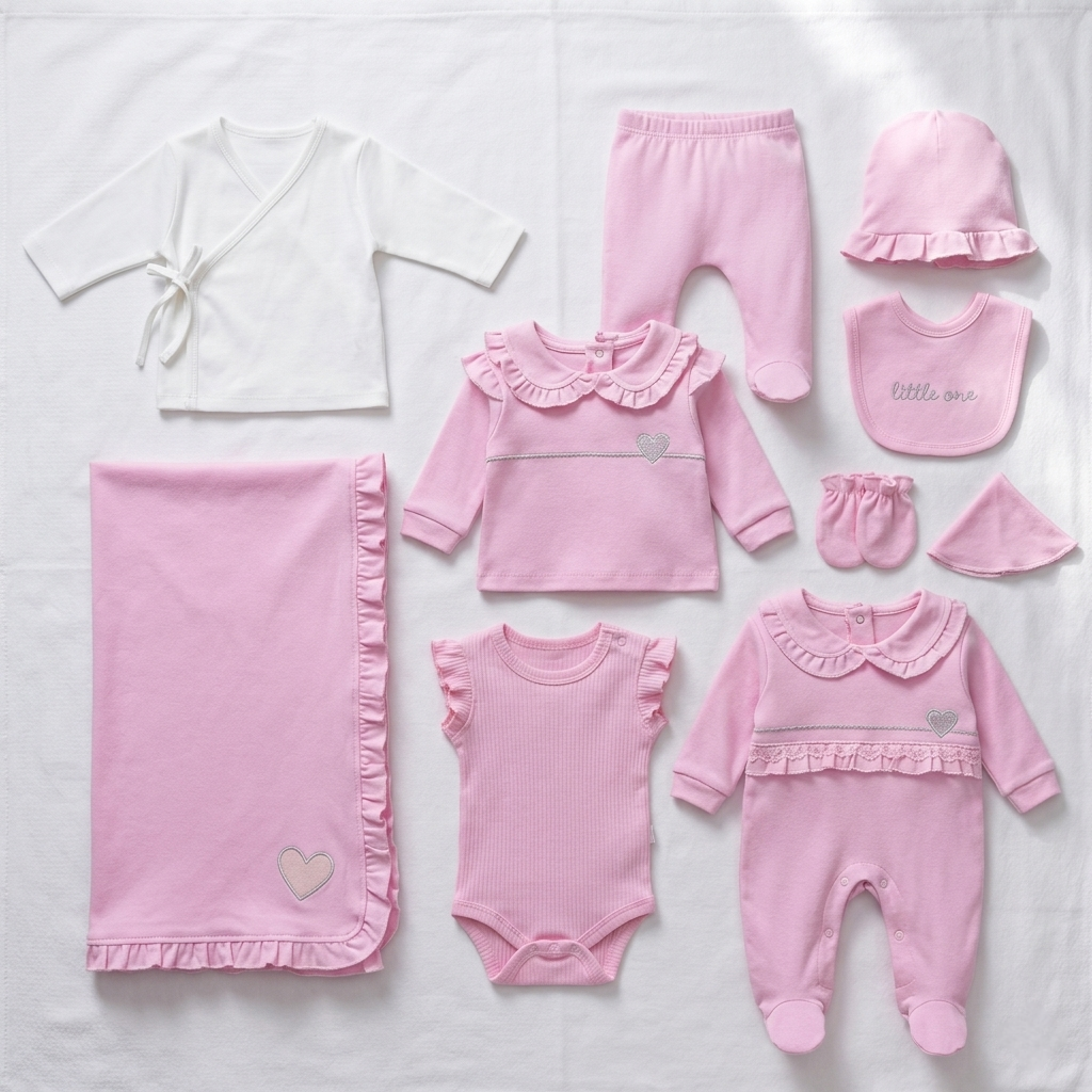 “Little One’s Ruffles” Baby 10PCS Set – Pink & White Ensemble