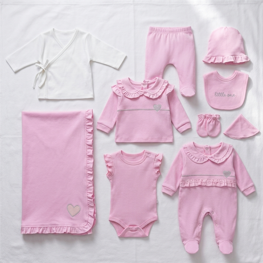 “Little One’s Ruffles” Baby 10PCS Set – Pink & White Ensemble