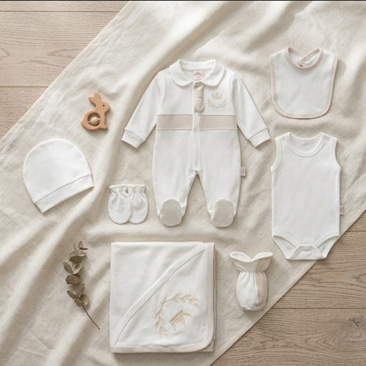 White Newborn Baby Set – 7-Piece Outfit with Embroidered Crown & Laurel Blanket