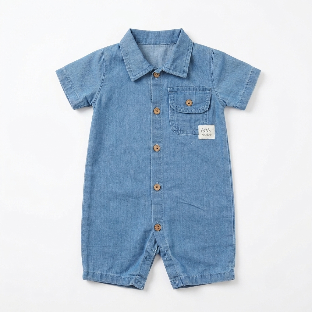“Little Gentleman” Baby Denim Romper – Collared & Buttoned
