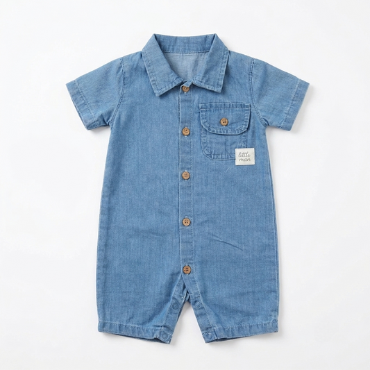 “Little Gentleman” Baby Denim Romper – Collared & Buttoned