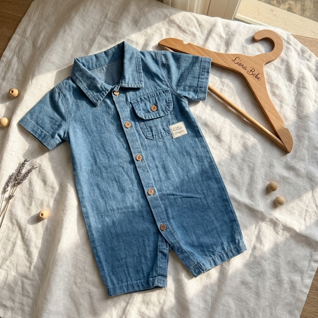 “Little Gentleman” Baby Denim Romper – Collared & Buttoned