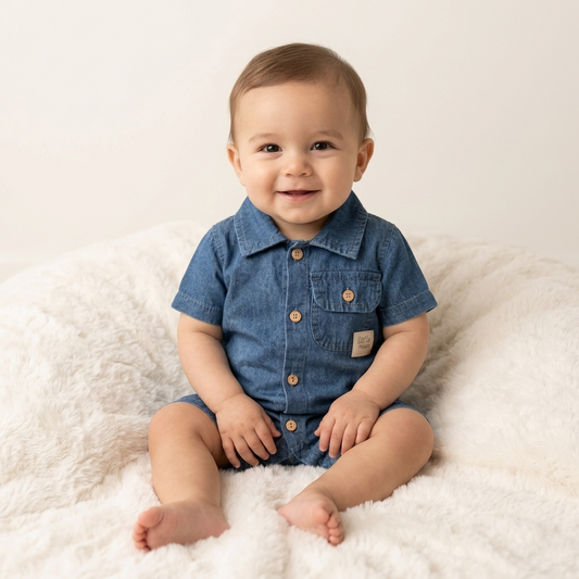 “Denim Sprout” Baby Romper – Collared & Buttoned