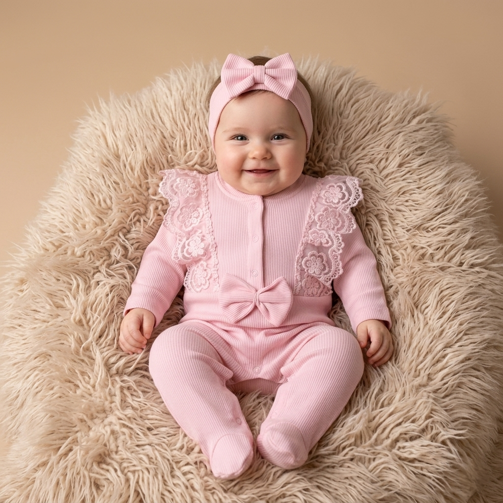“Bow Blossom” Baby Onesie Set – Pink Lace & Headband