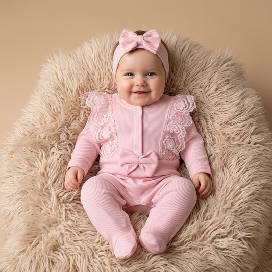 “Bow Blossom” Baby Onesie Set – Pink Lace & Headband