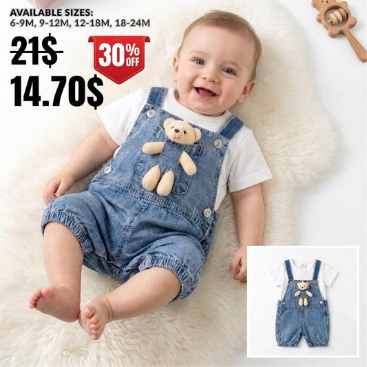 “Bear Buddy” Baby Overall Set – Denim & Tee with Plush Friend
