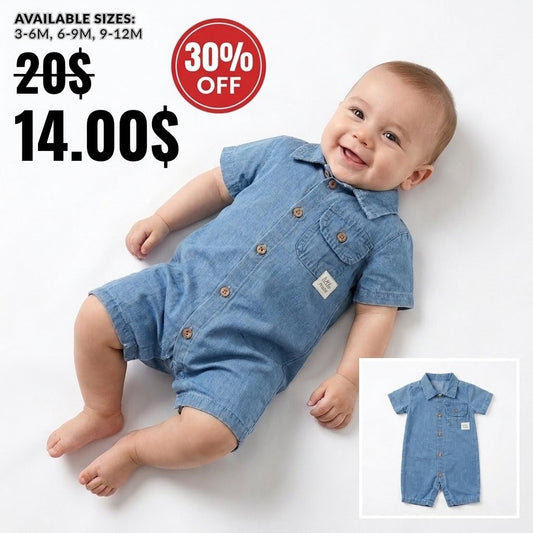 “Little Gentleman” Baby Denim Romper – Collared & Buttoned