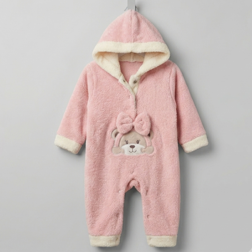 The Camilla Plush Fleece Bear Hooded Jumpsuit – Soft Pink