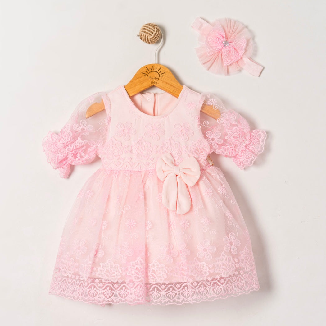 Vintage Pink Floral Lace Baby Party Dress & Headband Set