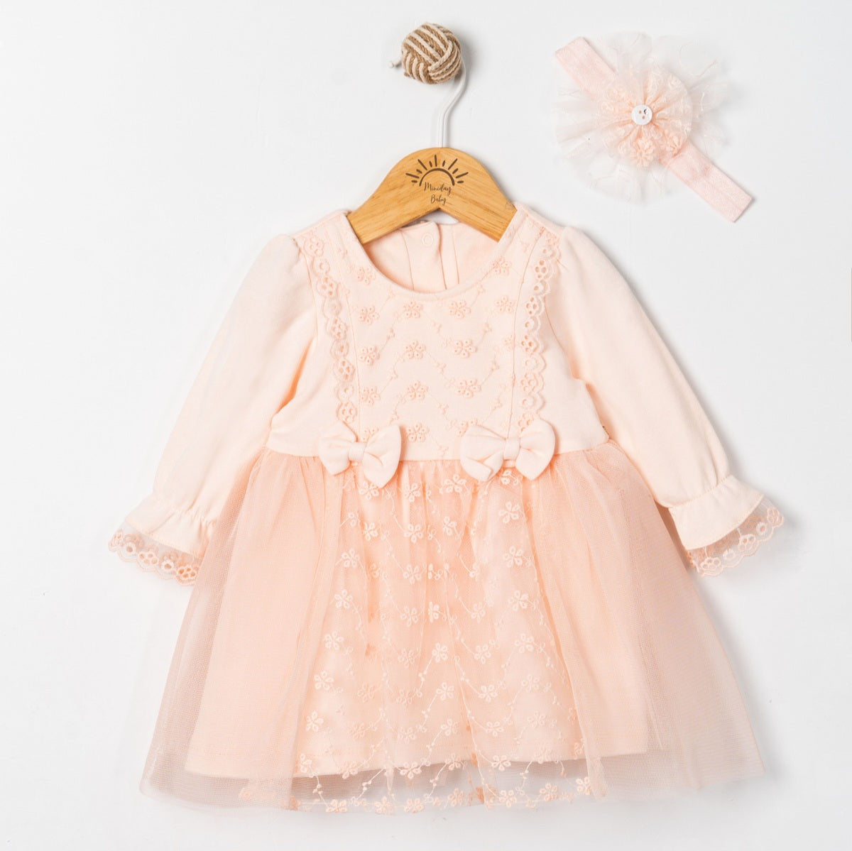 Peach Lace Baby Dress with Headband – Elegant Infant Outfit