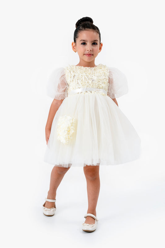 Cream Baby Girl Rosette Dress with Cross-bag  – Tulle & Purse Set