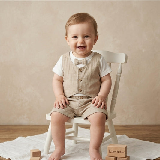 “Honeycomb Charm” Baby Formal Set – Vest, Bow Tie & Shorts
