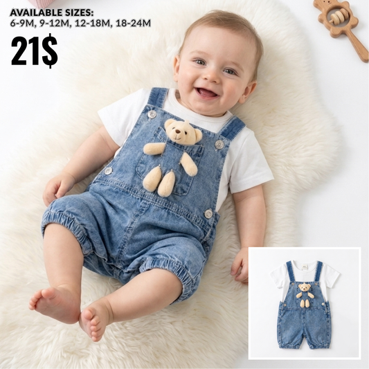 “Bear Buddy” Baby Overall Set – Denim & Tee with Plush Friend