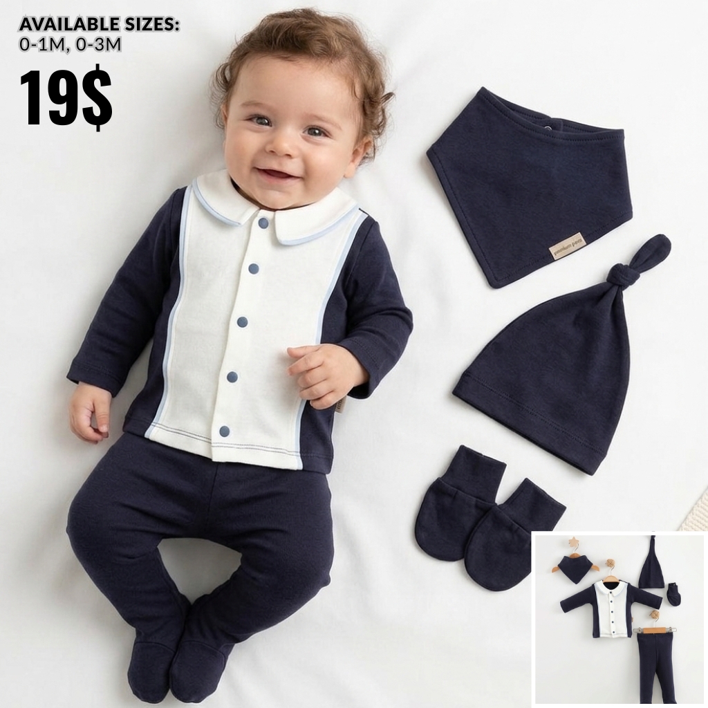 5 Pcs Cotton Baby Gift Set – Navy & White Ensemble