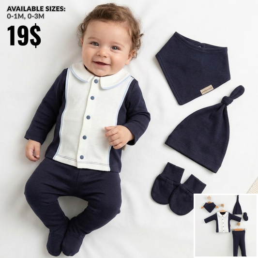 5 Pcs Cotton Baby Gift Set – Navy & White Ensemble