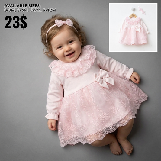 Pink Baby Girl Lace Dress – Bow & Headband Set