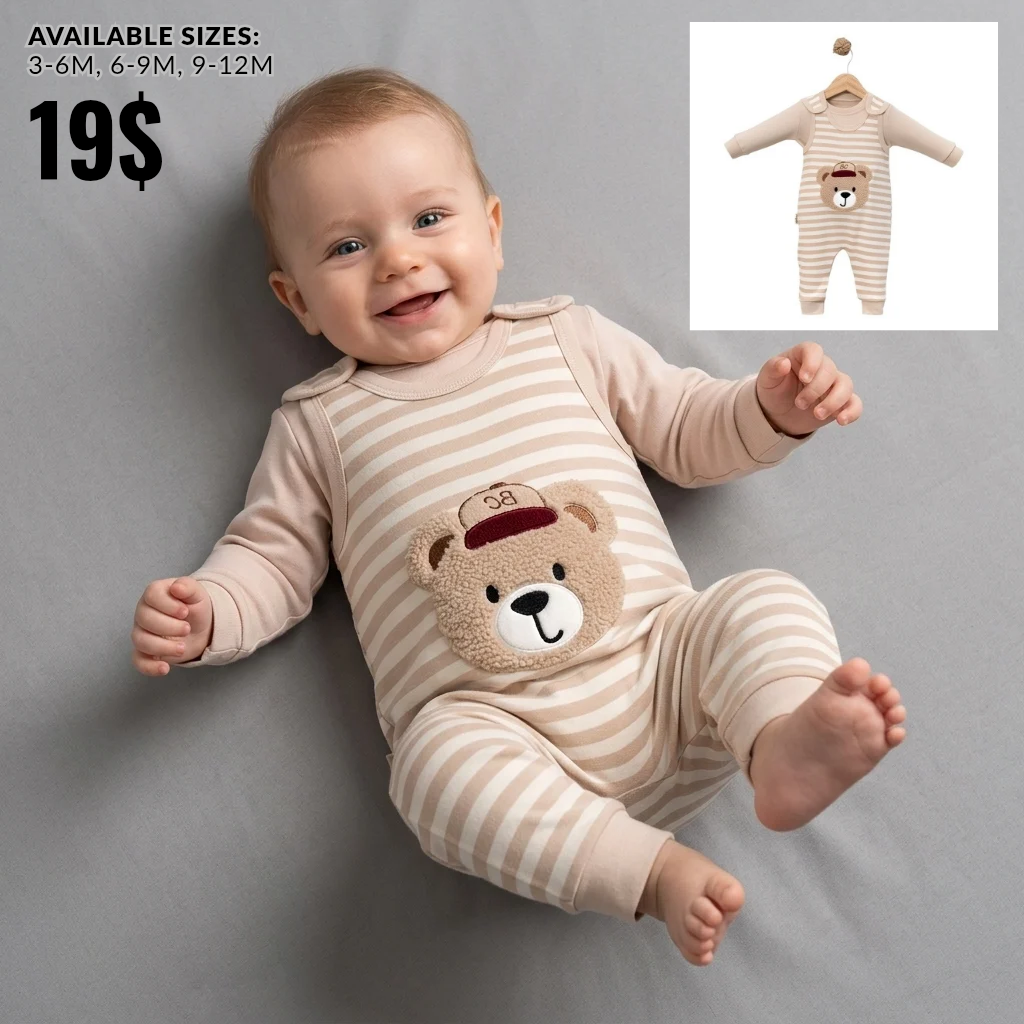 Striped Bear Baby Romper – Beige & Cream Infant Outfit