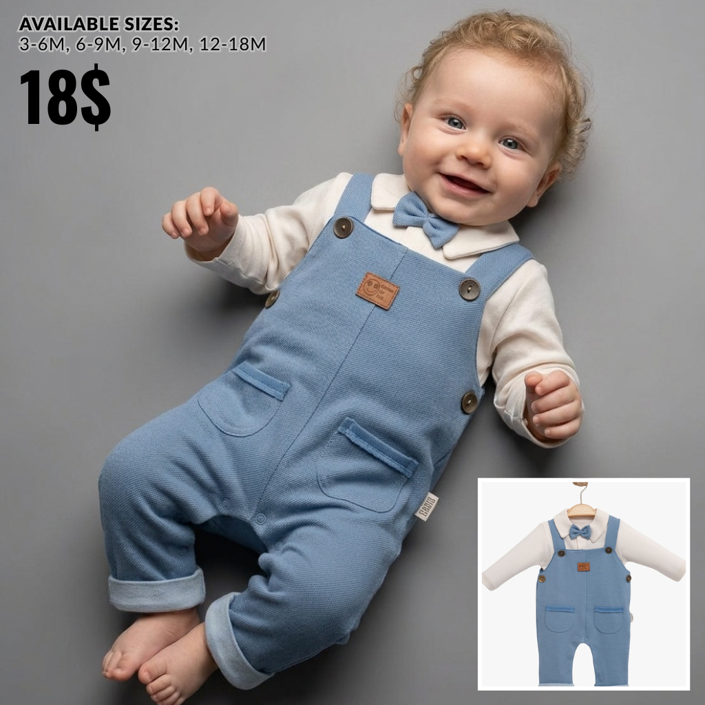 Blue Suspender Baby Outfit with Bow Tie – Classic Formal Set for Boys