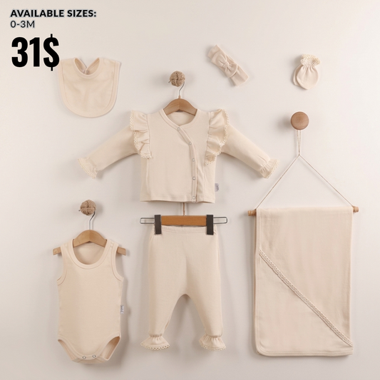 “Lace Haven” Baby Outfit Set – Beige Ensemble