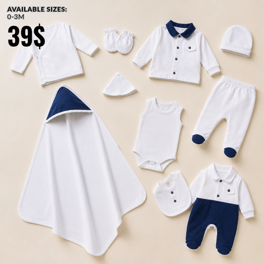 Navy & White Elegance – 10 Pieces Newborn Set
