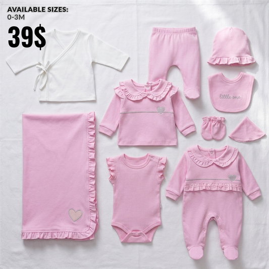 “Little One’s Ruffles” Baby 10PCS Set – Pink & White Ensemble