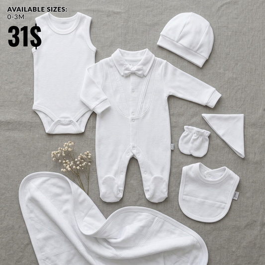 “Pure Blessings” Baby 7PCS Set – White Ensemble with Bow Detail