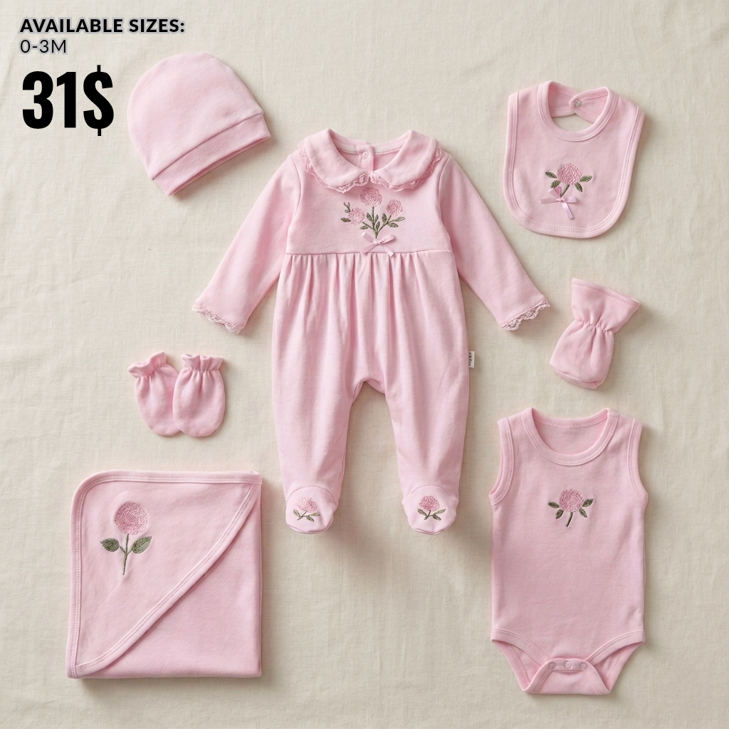 “Blush Blessings” Baby 7PCS Set – Embroidered Ensemble in Pink