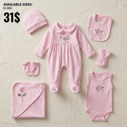 “Blush Blessings” Baby 7PCS Set – Embroidered Ensemble in Pink