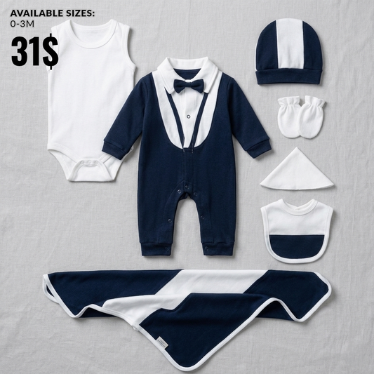 Navy Newborn Outfit 7 Pcs Set – Romper, Hat & Blanket