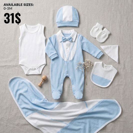 Light Blue Newborn Outfit 7 Pcs Set – Romper, Hat & Blank