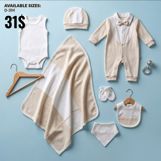 Cream Newborn Outfit 7 Pcs Set – Romper, Hat & Blanket