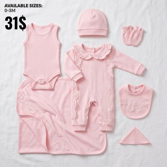 Pink Newborn Girls Outfit 7 Pcs Set – Lace Romper, Hat & Blanket