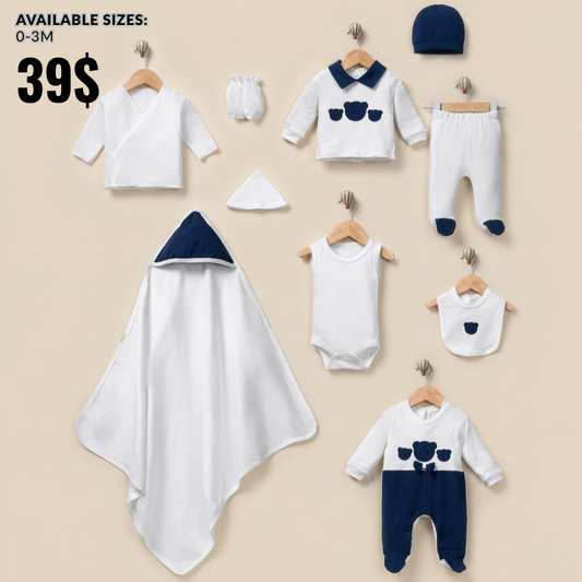 “Bear Tales” Baby Gift Set – Navy & White Ensemble