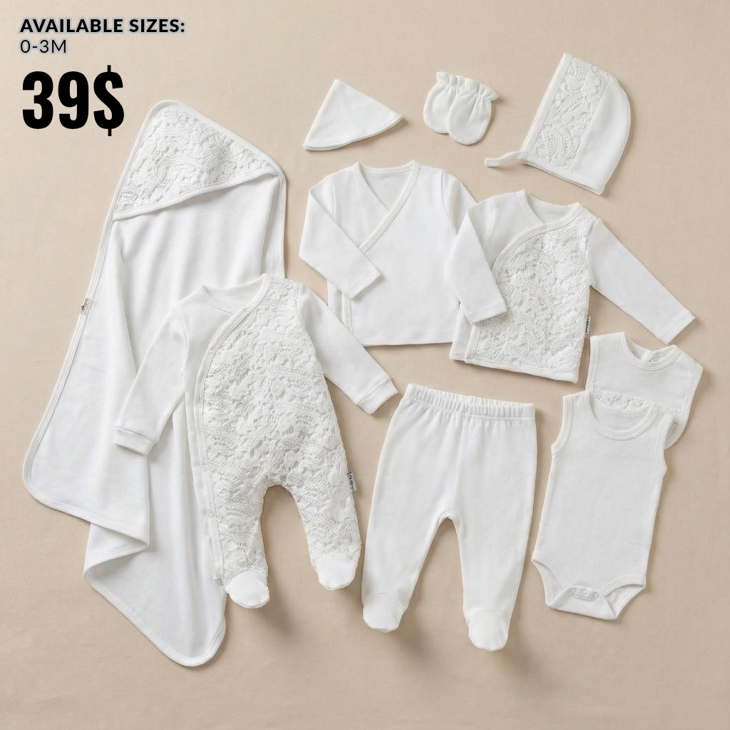 White Lace Elegance – 10 Pieces Newborn Layette Set