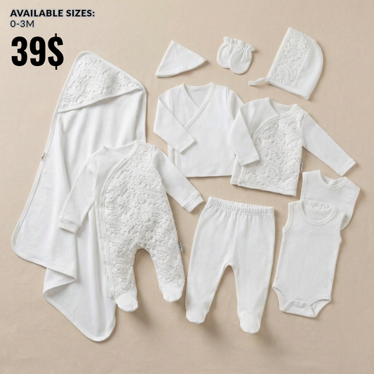 White Lace Elegance – 10 Pieces Newborn Layette Set