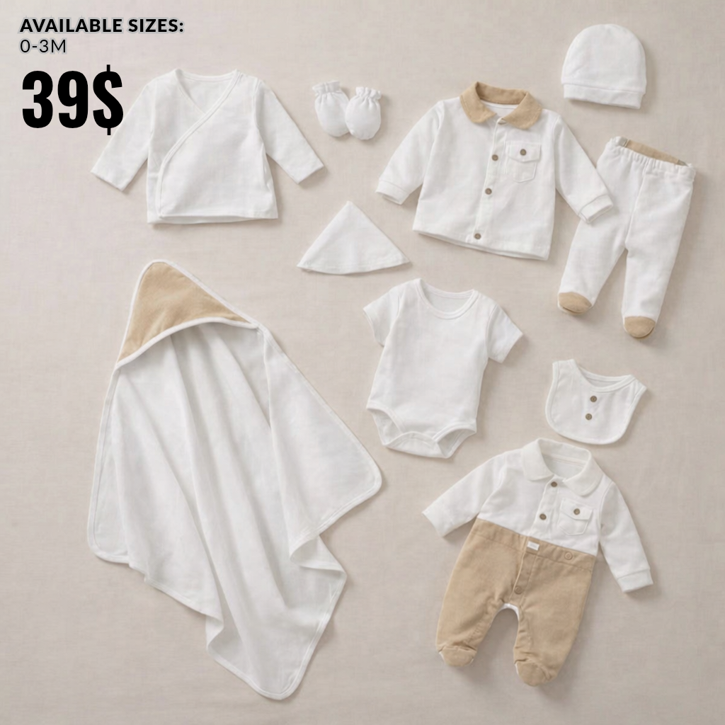 Beige & White Elegance – 10 Pieces Newborn Set