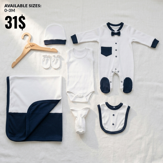 “Midnight Blessings” Baby Gift 7 PCS Set – Navy & White Ensemble
