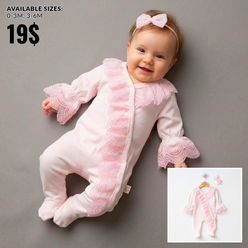 Pink Lace Baby Romper with Headband