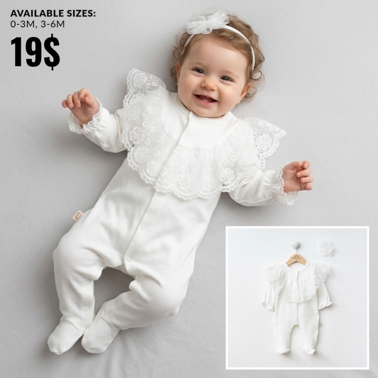 The Vivienne Lace Collar Footed Sleeper Set – Pure White