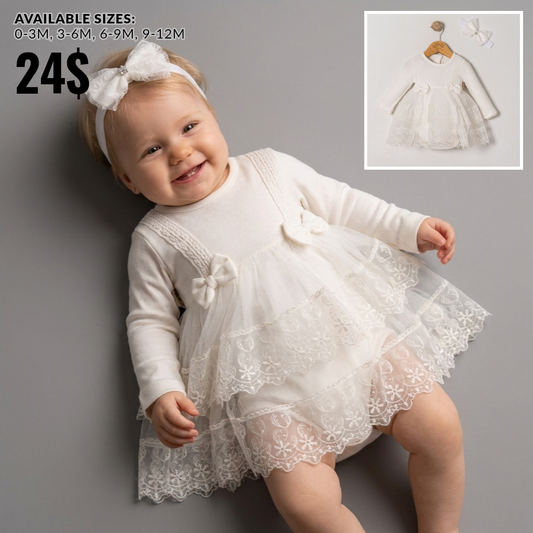 White Lace Baby Dress with Headband