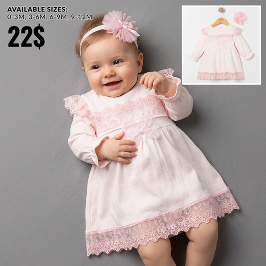 Pink Lace Baby Dress with Headband