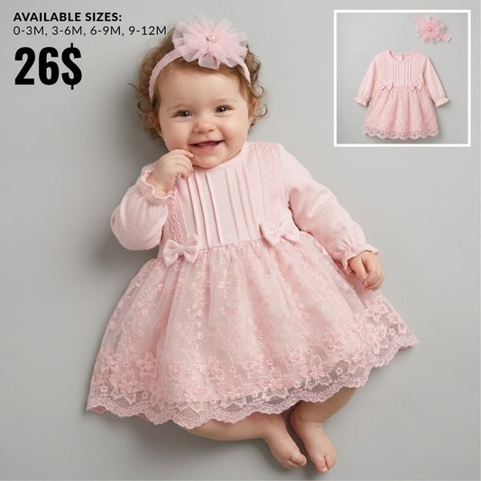 Elegance Pink Lace Baby Dress with Matching Headband Set