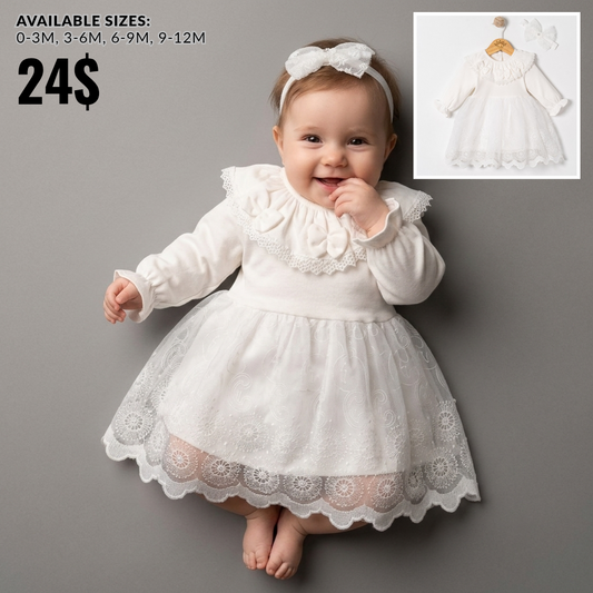 White Lace Baby Girl Dress with Headband