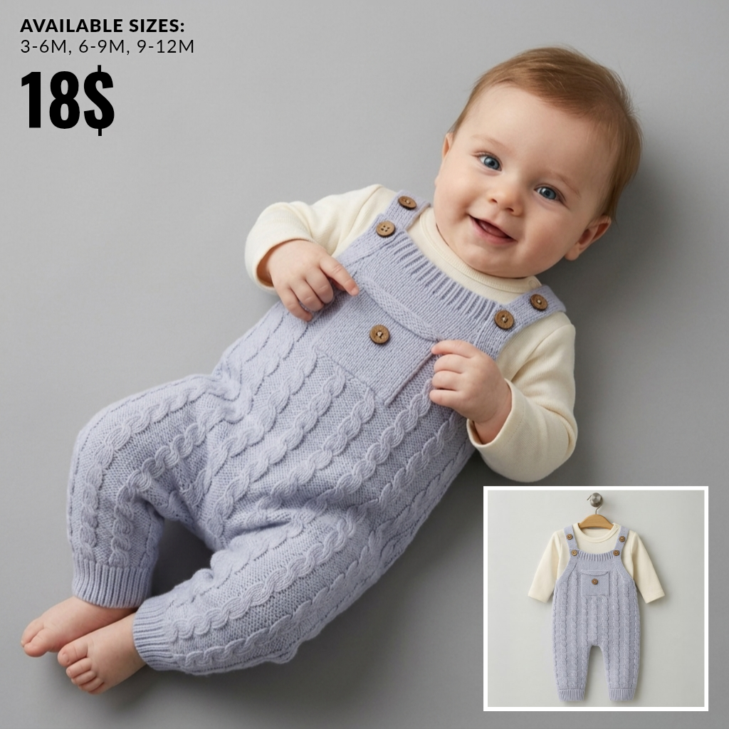 The Oliver Cable-Knit Overall Romper Set – Periwinkle Blue