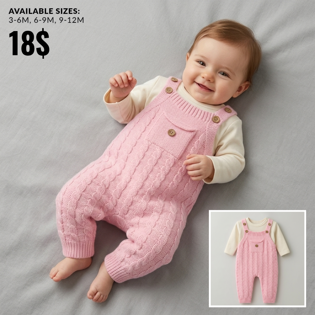 The Charlotte Cable-Knit Overall Romper Set – Soft Pink